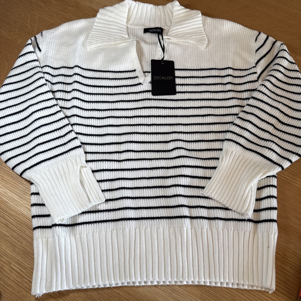 Women's Small Escalier White With Black Strips Dress Polo Style Sweater